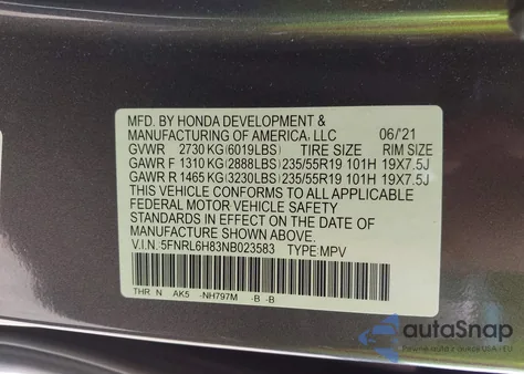 2022 Honda Odyssey Touring z USA, uszkodzony, nr VIN 5FNRL6H83NB023583